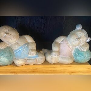 Vintage Chinese Wood Hand Carved Hand Painted Sleeping Boy and girl